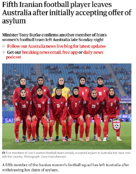 世界杯app下载-已有5人反悔 伊朗女足队长放弃庇护+深夜回国 外媒:她的家人失踪